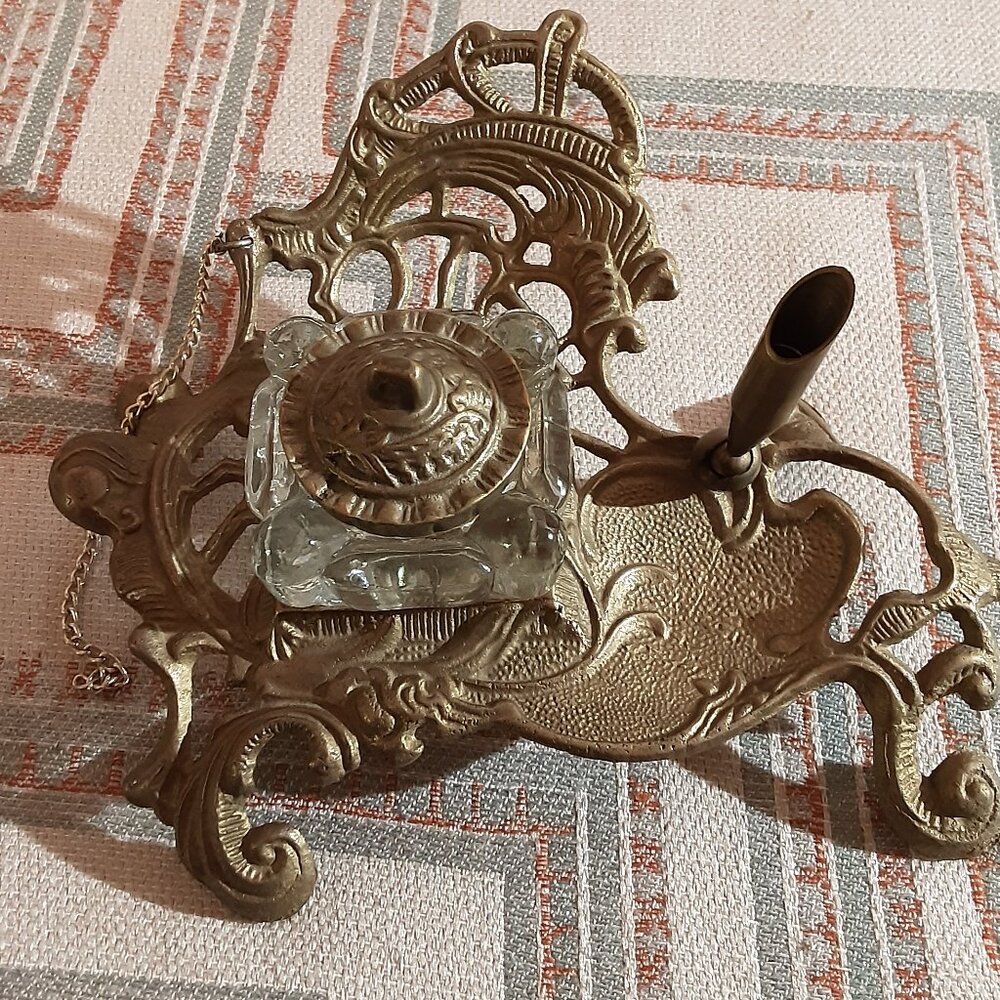 Vintage Victorian Brass Inkwell.
